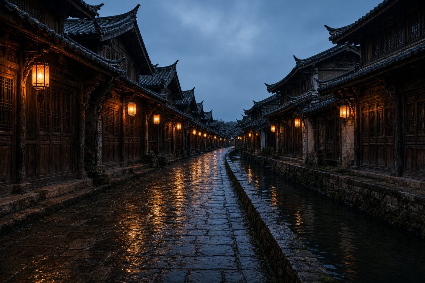 丽江古城雨后的石板巷子与檐下灯火