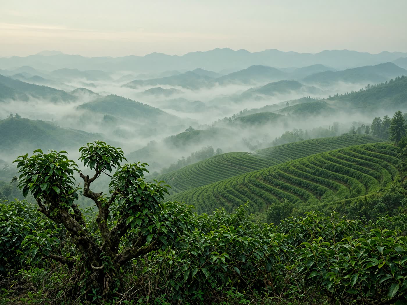 普洱茶山晨雾中层层叠叠的古茶园