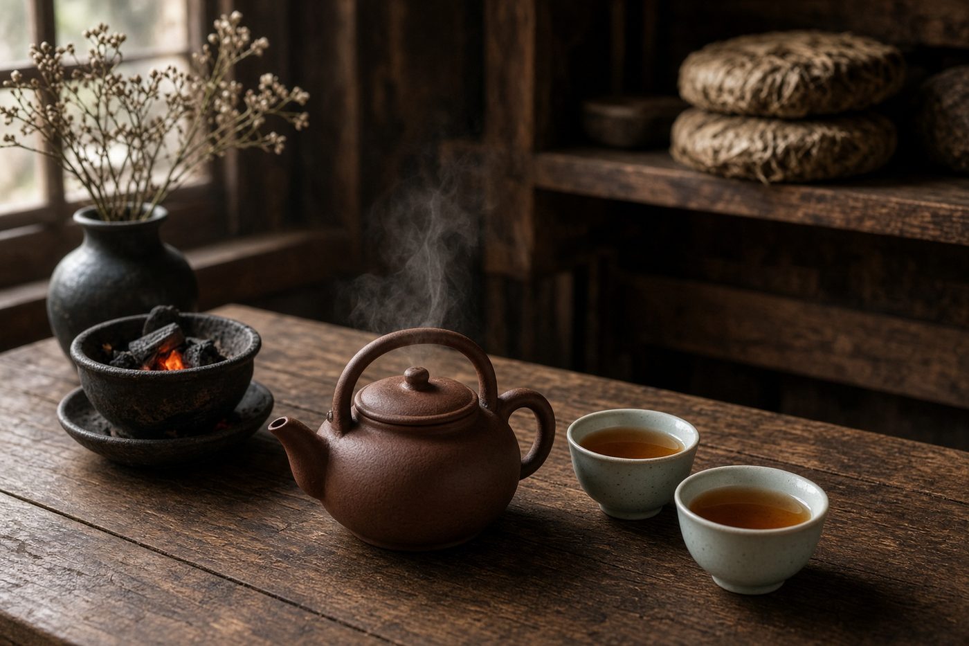 木桌上的紫砂壶与两只茶杯，蒸汽升起